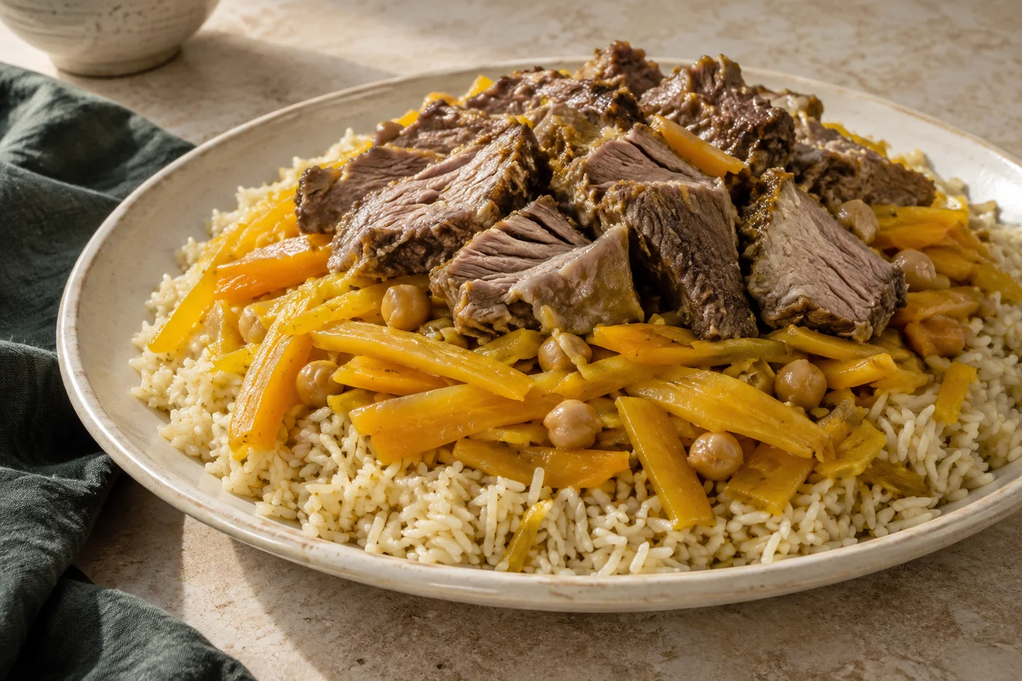 Samarkand: Schichten aus Reis, Karotten und Fleisch