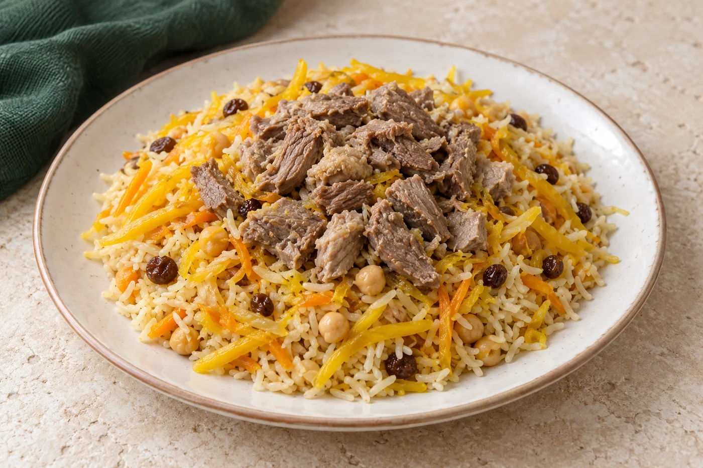 Oshi-sofi mit hellem Reis, gelben Karotten und gesondert aufgelegtem Fleisch.
