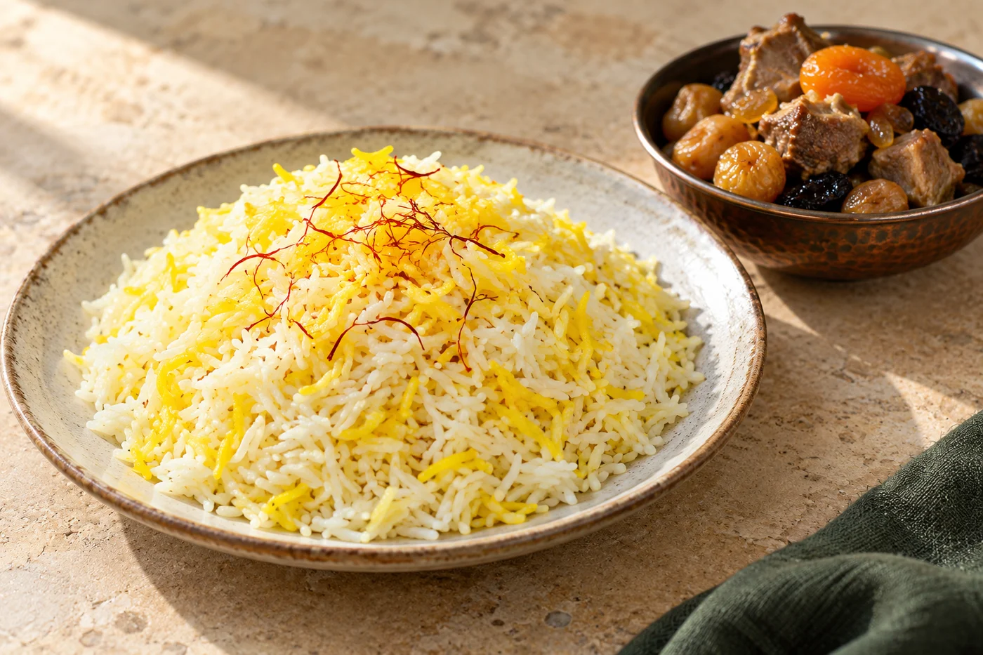 Suzme plov mit Safranreis und einer gesondert servierten Beilage.